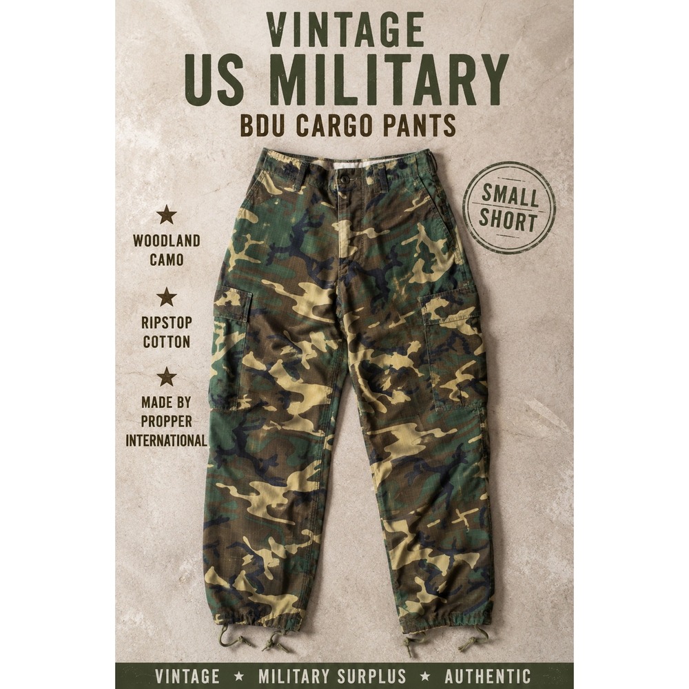 Vintage US Military Woodland Camo BDU Cargo Pants Sm Short Ripstop Army Tactical
